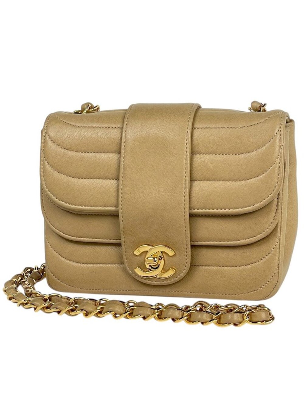 Chanel Shoulder Bag CC Logo Double Flap Leather Beige